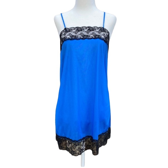 Vintage Dresses Vintage Cobalt Blue Satin Lace Babydoll Slip Dress Poshmark